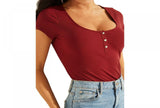 Guess Women's Karlee Jewel-Button Ribbed Henley Top W2YP24KBCO2 Beet Juice Red S