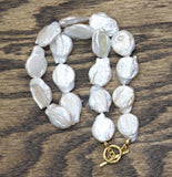 Flat Keshi Coin Pearl Toggle Clasp Choker Necklace Off White / Gold 16"
