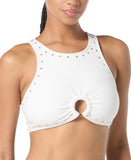 Michael by Michael Kors Crepe Front Ring Studded Crop Top Bikini Swim White M