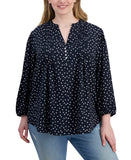 Tommy Hilfiger Pintuck 3/4-Sleeve Split-Neck Woven Top Sky Captain / Ivory 2X