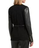 H Halston Women's Collarless Faux-Leather-Sleeve Belted Blazer Jacket Black L