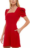 Speechless Womens Square Neck Puff Sleeves Fit & Flare Dress JA41861DNE Red XL