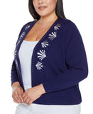Belldini Embroidered Open-Front Cardigan with Stud Trim Twilight Blue 1X
