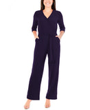 Ny Collection Womens Petite 3/4 Sleeve Belted Wide Leg Jumpsuit Navy Blue PXL
