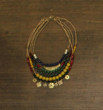 Strand Beaded Charm Crescent Coin Pendant Layered Necklace Gold Multi 18" + 2.5"
