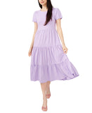 Riley & Rae Womens Lacey Crew Neck Tiered Puff-Sleeve Midi Dress Lilac Purple S