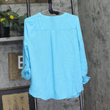JM Collection Surplice Roll-Tab Sleeve Half-Button Blouse Top Turquoise Blue M