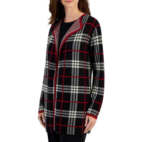 Kasper Womens Open Front Edge Plaid Cardigan Sweater 10916789 Black Multi M