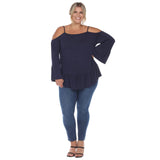 White Mark Womens Plus Size Cold Shoulder Ruffle Sleeve Top PS1352 Navy Blue 1X