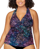 Island Escape Printed Halter-Back Tankini Swim Top Black / Pink Multi 18W