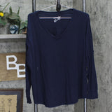 Terra & Sky Womens V-Neck Long Sleeve Knit Shirt Blouse Top Navy Blue 2X
