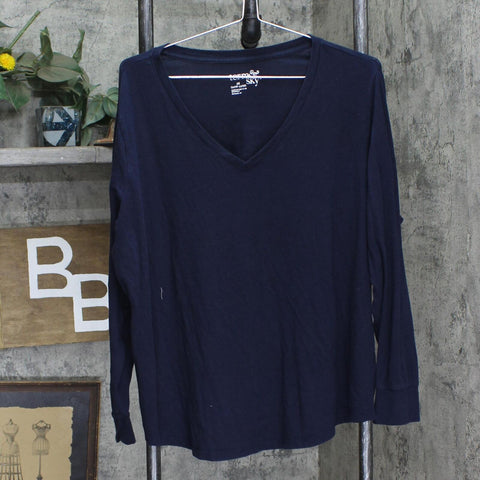 Terra & Sky Womens V-Neck Long Sleeve Knit Shirt Blouse Top Navy Blue 2X