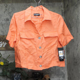 Karl Lagerfeld Cropped Short-Sleeve Button Down Linen Blend Shirt Coral Pink S