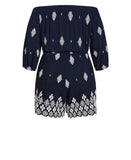 City Chic Off-Shoulder Puff Sleeve Embroidered Romper Navy Blue / White 16W