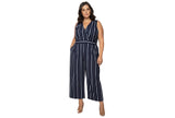 Black Tape Surplice-Neck Striped Wide-Leg Jumpsuit Navy Blue / White stripe 2X