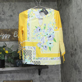 JM Collection Womens Printed Keyhole 3/4 Sleeve Top Lemon Yellow Ice Combo PS