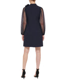 Vince Camuto Womens Bow Neck Shift Dress with Flock Mesh Dot Sleeves Navy Blue 4