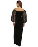 Donna Karan Off the Shoulder Sheer Puff Sleeve Evening Gown Dress Black 14