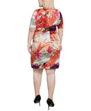 Ny Collection Womens Plus Size Elbow Sleeve Side Pleat Dress Flower Red Multi 2X