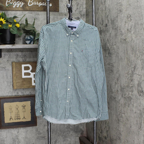 Tommy Hilfiger Mens Gingham Check Cotton Plaid Custom Fit Dress Shirt Green XL
