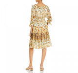 Figueroa & Flower Button-Front Tie-Sleeve Tiered Midi Dress Gold / Ivory L