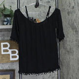 American Rag Juniors Crochet-Trim Cold-Shoulder Blouse Shirt Top Classic Black S