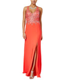 Blondie Nites Juniors Embellished Mesh Front-Slit Gown BRIGHT Coral Pink 1