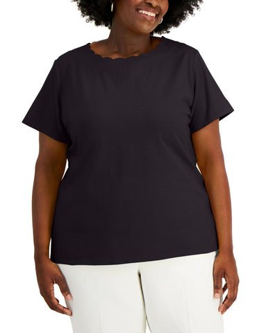 Anne Klein Womens Plus Size Scalloped T-Shirt 10824674 Black 2X