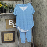 Roudelain Womens V-Neck T-Shirt & Jogger Pants Pajama Set Niagara Blue S