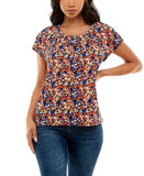 Adrienne Vittadini Sleeve Floral Top with Pleat Detail Action Floral Red Multi S