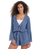 Bar III the Prowl Long Sleeve Lace-up Romper Swim Cover Up Navy Cheetah Blue M