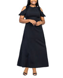 24seven Comfort Apparel Size Ruffle Cold Shoulder A-Line Maxi Dress Black 3X