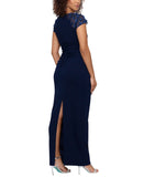 X by Xscape Womens Floral Applique Cap-Sleeve Gown Navy Blue 6