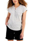 Style & Co Dolman-Sleeve Henley Linen-Blend T-Shirt Top Gravel Heather Gray S