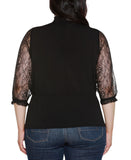Belldini Mixed-Media Embellished Knit Peplum Top with Lace Sleeves Black 1X