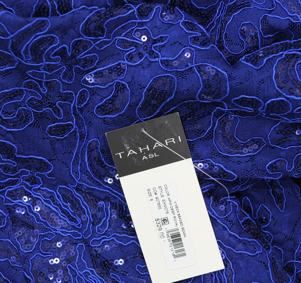 Tahari Asl Womens V-Neck Sequined Embroidered Gown Dress Deep Royal Blue 8