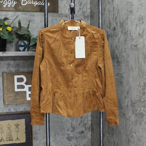 LaBellum by Hillary Scott Womens Peplum Corduroy Jacket with Trim Cognac Brown M