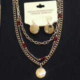 Fashion Triple Chain Layer Disc Pendant Earring Necklace Set Gold / Red 16" + 3"