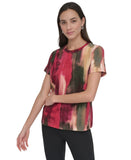 DKNY Abstract Print Logo Embossed T-Shirt P5EHXWNA June Brush Stroke Red Multi S