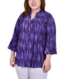 Notations Pleated Jacquard Blouse with 3/4 Bell Sleeves WNKU2046 Dark Purple 2X