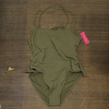 Xhilaration Juniors' Cinch Side Ribbed Texture One Piece Swimsuit Olive Green XL
