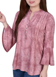 Ny Collection 3/4 Bell Sleeve Pleat Front Y-Neck Top MNKU2046 Mauve Pink M