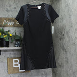 DKNY Womens Short Sleeve Leather Detail Flare Sheath Dress DD3J1489 Black 10