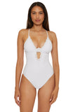Becca Colette Plunge One-Piece Swimsuit with Crochet Detail 841057 White M
