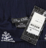 City Chic Off-Shoulder Puff Sleeve Embroidered Romper Navy Blue / White 16W