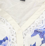 Aqua Button Up Lace Trim Placed Floral Blouse IBO26966 Blue Multi M