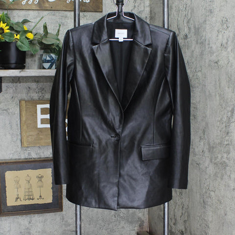 Nine West Women's Faux Leather Single-Button V-Neck Blazer Black S
