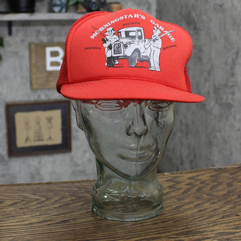 San Sun Mens Vintage Morningstar's Garage Trucker Baseball Hat Cap Red OS