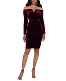 X By Xscape  Velvet Long Sleeve Off-The-Shoulder Sheath Dress Burgundy Red 16