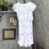 Miss Elaine Short Sleeve Lace Trim Nightgown Lavender Floral White S